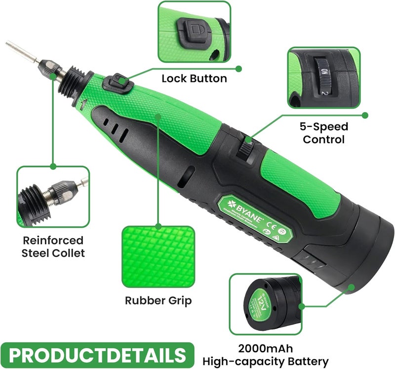 Byane Electric Cordless Diamond Chainsaw Sharpener Kit, 12V Portable Chain Saw Sharpener Tool, 2000mAh Battery Mini Grinder with 20Pcs Diamond Chainsaw Sharpening Bits for Carbide Tipped Chain - Image 2